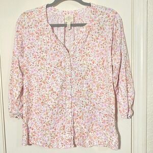 St‎ Johns Bay Floral Button Down 3/4 Sleeve Blouse Top Womens